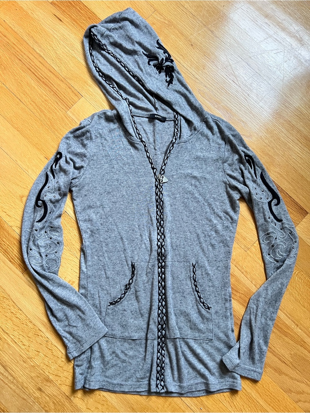 Lightweight Y2K Gray Hooded Cardigan with Black Embroidery & Stud details